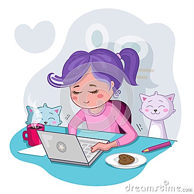 A young woman seat at a desk with a laptop and cats. Vector Illustration